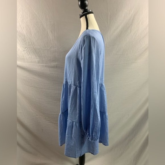 Blue Striped Lantern Sleeve Ruffle Hem Smock Dress - Picture 8 of 9